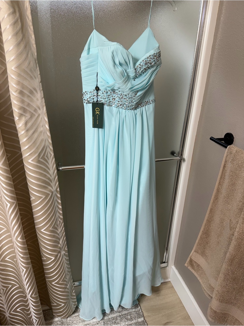 Grace Karin Light Blue Beaded Spaghetti Strap Maxi Dress